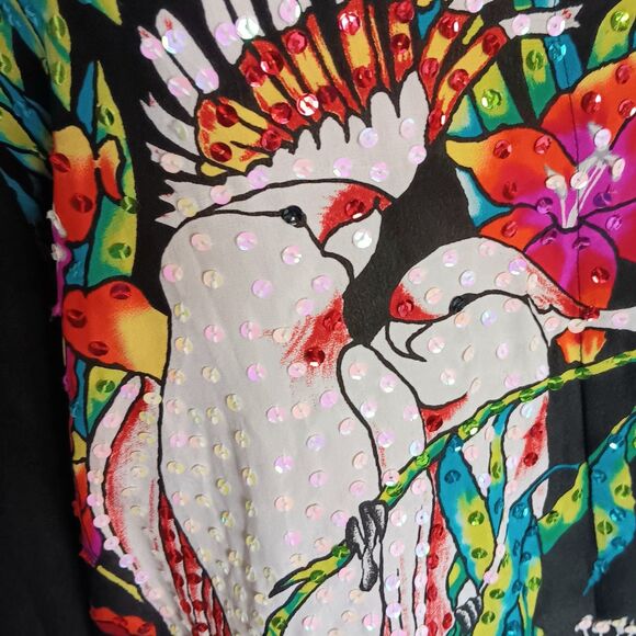 Diane Gilman Silk Sequin Cockatoo Tropical Birds Floral Blouse Size Large VTG - Picture 7 of 16